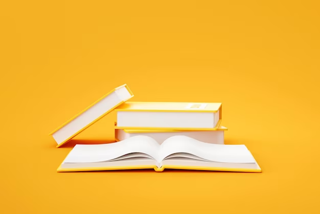 A Stack of books with one open on a yellow background