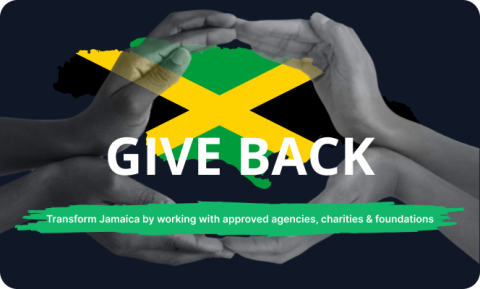 The text Give Back in front of the Jamaican Flag with hands around it